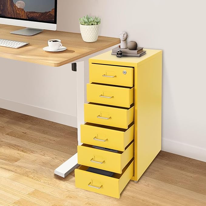 6-Drawer Metal File Cabinet, Metal Filing Storage Vertical Cabinets with Lock Home Office Filing Cabinets for Organization Hanging Letter/Legal/F4/A4 (Yellow)