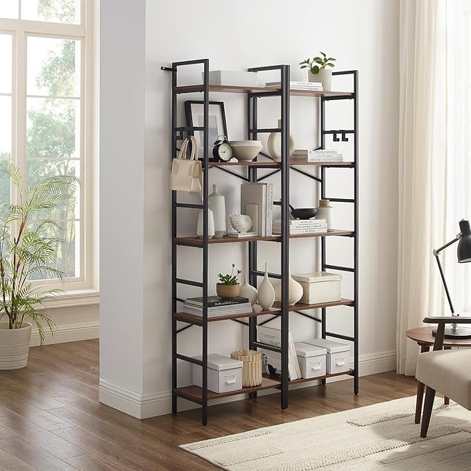 Luckyeestar 5Tier Storageshelves Bookshelf -, Metal Bookcase Shelving Unit- Modern Tall Narrow Bookshelf with 4 S-Hooks, Floor Standing Organizer for Home Office, Bedroom, Living Room Corner