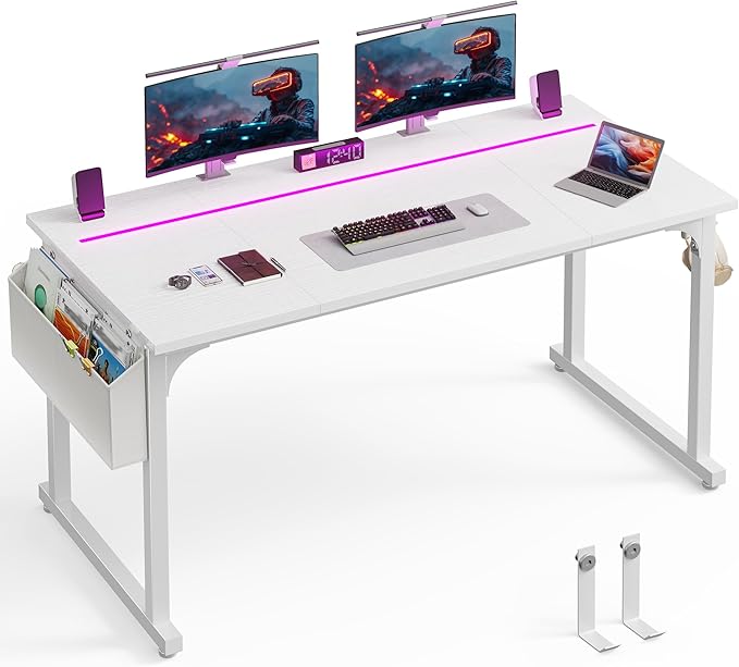 55 Inch White Computer Desk with LED Lights, Office Desk with Storage Bag for Home Office, Gaming Desk with Headphone Hook for Study Writing Work Desk,Sturdy Metal Frame