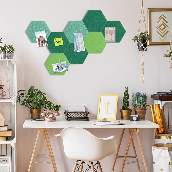 8 Pcs 12" Large Hexagon Felt Cork Bulletin Board Tiles Self Adhesive DIY Pin Board with 50 Push Pins and 10 Colored Clips, Wall Decor for Office Home Kitchen Photos Memos(Green)