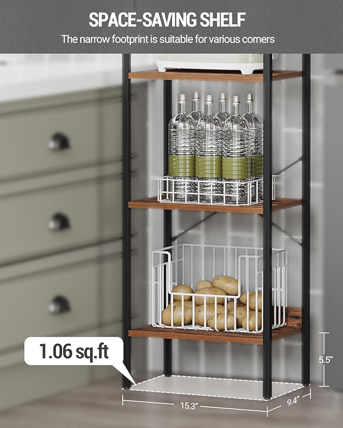 Bookshelf, Book Shelf, Industrial Bookcase with 2 Hooks, Coner Shelf Storage Organizer for Home Office, Living Room, Bedroom, Kitchen, 6-Tier Rustic Brown BC10701B