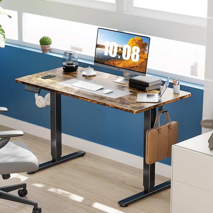 Sweetcrispy Electric Standing Desk Adjustable Height, 48x24 Inch Sit Stand Up Home Office Desks Computer Workstation PC Work Table with 3 Memory Preset Splice Wood Board Metal Frame, Rustic