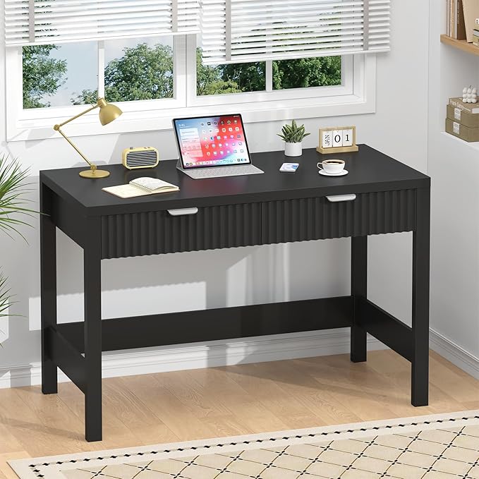 Fluted Computer Desk with 2 Drawers, 39 Inch Small Computer Desk with Storage, Compact Writing Study Desk for Small Spaces, Black