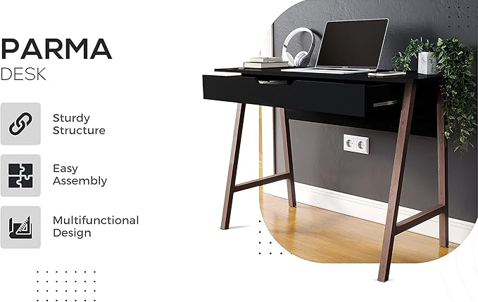 Modern Design Parma Small Desk for Bedroom, Black 42 Inch Writing Desk with Drawer, by Crafts and Comfort