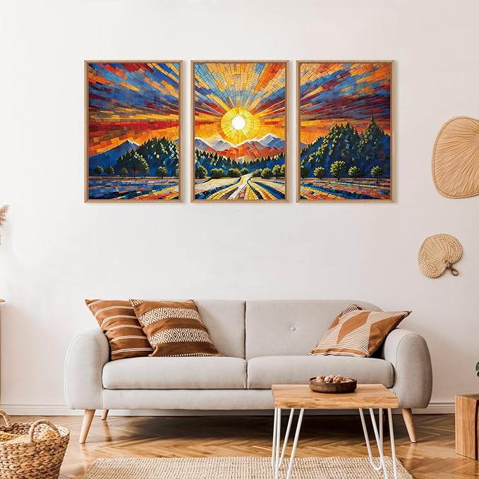 HOURIA Large Natural Mountain Forest Framed Canvas Wall Art Set,Wilderness Sunrise Wall Decor,Boho Pine Tree Square Ridge Artwork,Modern Field Art Print for Living Room, Office, Farmhouse- 24"x36"x3