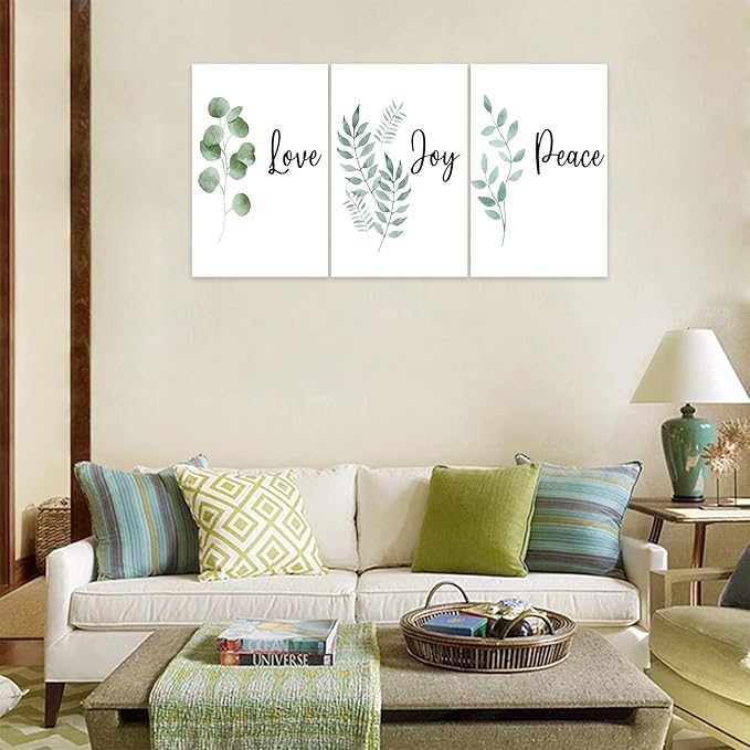 3 Piece Inspirational Wall Art, White Plants Background Picture, Quotes "Love Joy Peace" Canvas Print for Bedroom Decor, Triptych Entrepreneur Painting Framed Artwork for Gym Wall Decor (48"Wx24" H)