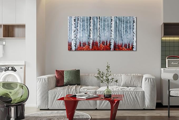 Arjun Birch Tree Wall Art White Landscape Painting Grey Canvas Forest Red Nature Panoramic Picture Rustic for Living Room Bedroom Home Office Decor, Large 48"x24"