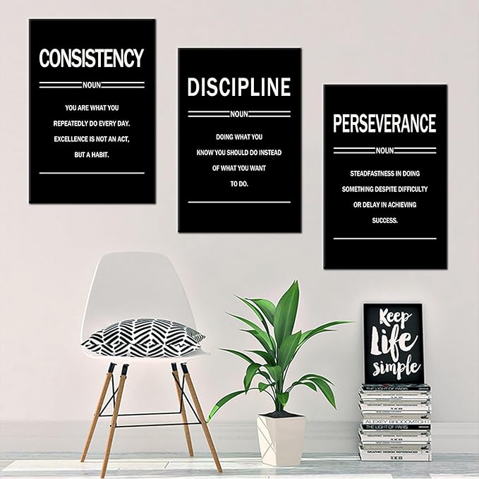 Inspirational Canvas Wall Art 3 Pieces Perseverance Discipline Consistency Posters Motivational Office Wall Decor Picture Painting for Home Living Room Gym Artwork Stretched and Framed [48''W X 24''H]