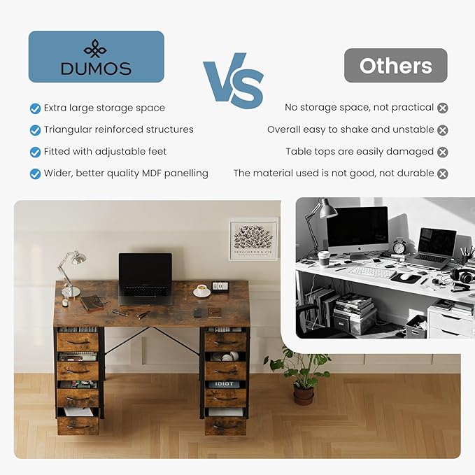DUMOS 47 Inch Computer Desk with 8 Fabric Drawers, Office Gaming Desk with Storage, Writing Study Table with X-Shaped Reinforced Structure, Rustic Brown