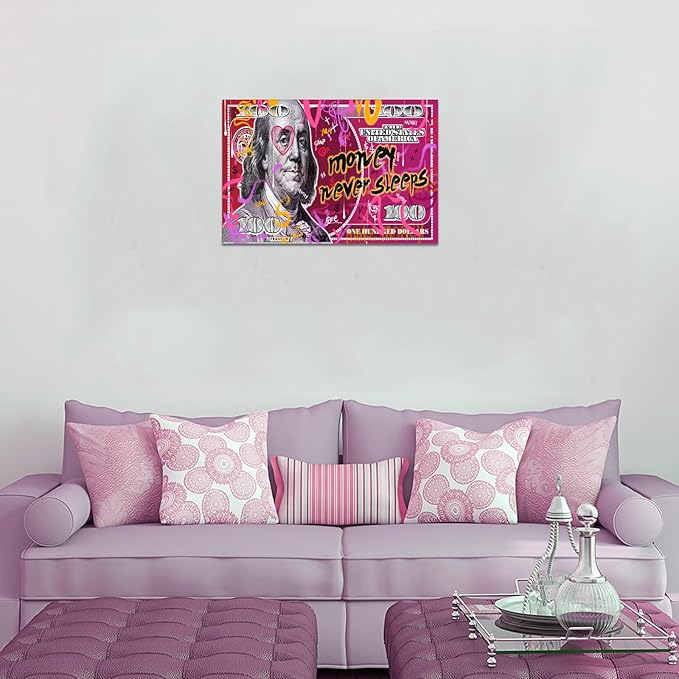 100 Dollar Bill Wall Art Canvas Print and Graffiti Poster Inspirational People Cash Benjamin Franklin Art Modern Home Decoraction, Stretched & Framed 24"W x 36"H