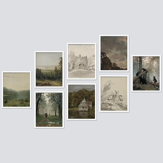 SIGNWIN Framed Poster Wall Art Set of Vintage Landscape, Sketches Art, Rustic Framhouse Decor for Living Room, Bedroom, Office - 11"x14"x 8 White