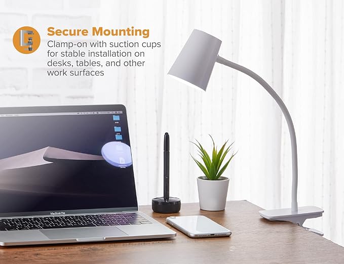 Bostitch Office Adjustable LED Clamp Light, Compact Design, Flexible Neck, Flicker Free, Suction Cups for Stable Installation, White (LED2103)