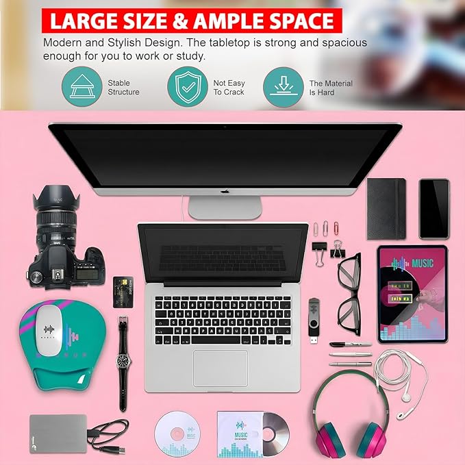 PayLessHere | 55 Inch Computer Desk | Pink | Office Desk with Metal Frame, Adjustable Feet | Water-Resistant, Scratchproof Surface | Sturdy Writing Table for Home Office or Study | Pack of 1