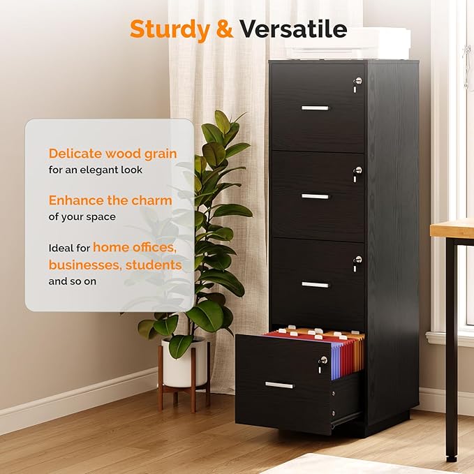 VINGLI 4 Drawer File Cabinet with Lock, Home Office Filing Organizer, for Letter Size File Folder Storage, Wood Tall Vertical Filing Cabinet, Printer Stand, Archivador (Black)