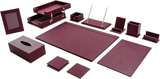 Desk Set,15-Piece Leather Desk Organizer Set, Executive Office Accessories with Desk Pad & Blotter, 2-Tier Tray, Pen Holder & More, Professional Office Desk Decor & Gift Set (Burgundy)