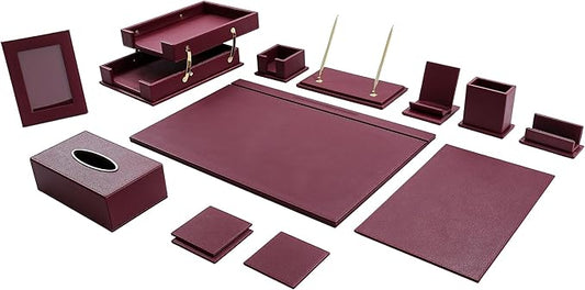 Desk Set,15-Piece Leather Desk Organizer Set, Executive Office Accessories with Desk Pad & Blotter, 2-Tier Tray, Pen Holder & More, Professional Office Desk Decor & Gift Set (Burgundy)