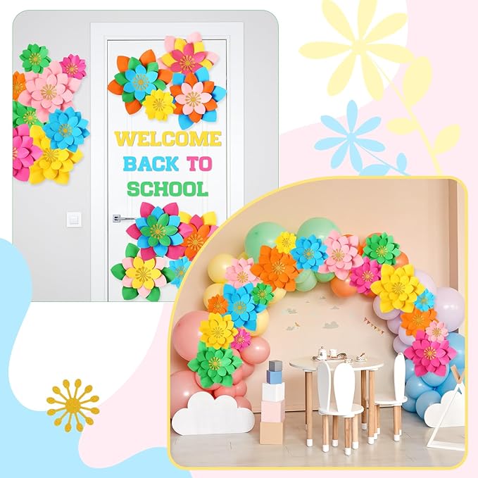 18 Pcs Paper Flowers Decor for Wall DIY Flower Bulletin Board 3D Spring Fiesta Mexican Paper Floral Decoration for Photo Backdrop Classroom Back to School Party(Lotus-Shaped,Rainbow)