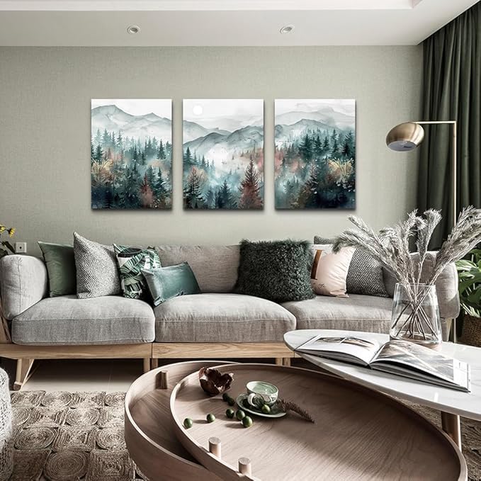 TTHYUEWS Wall Art For Living Room Farmhouse Decor For Bedroom Office Fog Forest Mountain Landscape Watercolour Paintings Artwork Ready To Hang Home Decorations 3 Piece
