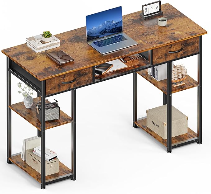 Sweetcrispy Desk with Fabric Drawers, Computer Office 48 Inch Gaming Writing Study 4 Storage Shelves Table for Home Office Bedroom PC Desk, Pure Brown