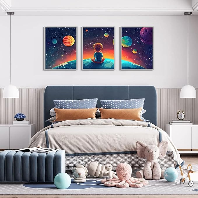 3Pcs Space Boy Wall Art Cute Inspirational Canvas Painting Space Fantasy Wall decor pictures with Planet Pattern posters Prints for Child’s Bedroom Office and Home Decoration Unframed 16x24in posters