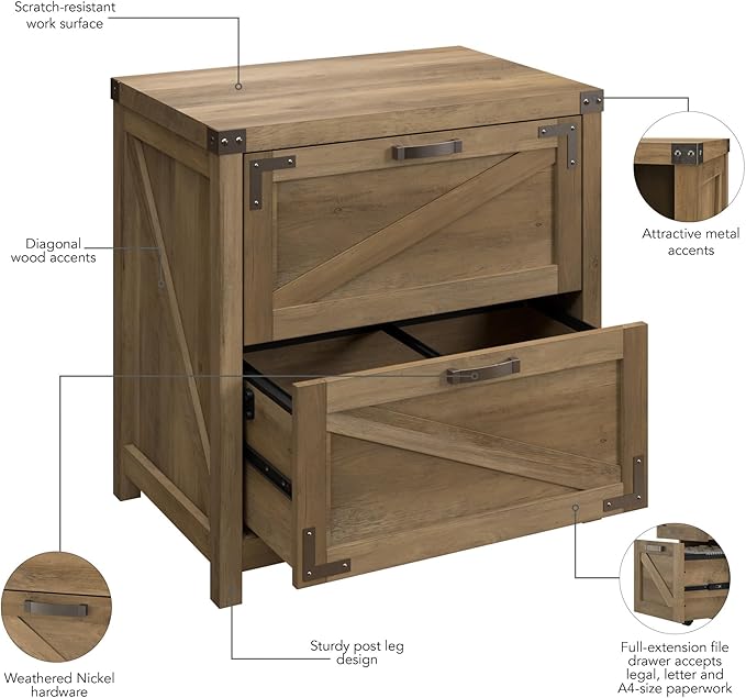 Bush Furniture Knoxville 2 Drawer Lateral File Cabinet in Reclaimed Pine, Farmhouse Document Storage Chest for Home Office