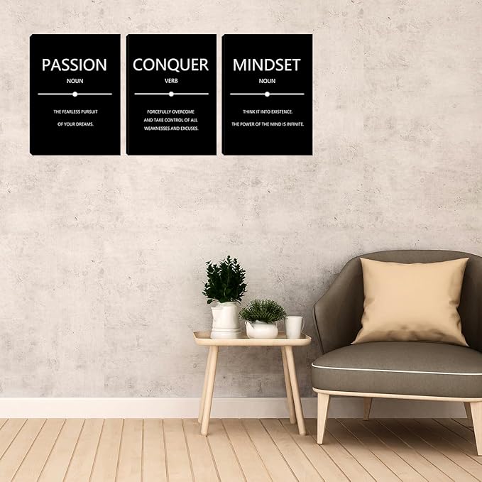 Motivational Wall Art 3 Pieces Inspirational Mindset Conquer Quotes Canvas Poster Prints Wall Paintings Picture Framed Artwork Wall Decor for Office Workplace Wall Art Bedroom Living Room (48"Wx24"H)