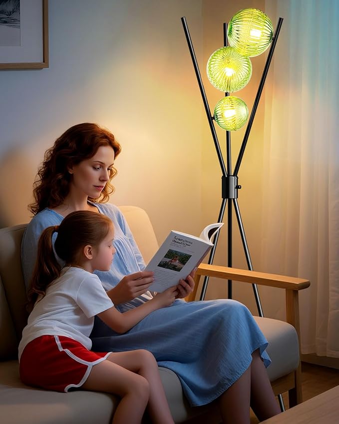 Lightdot Dimmable Black Tripod Floor Lamp, Mid Century Standing Lamps with 3 Globe Green Glass Lampshade& Bulb Included, 3000K Bulbs Included Modern Tall Lamp for Living Room/Sofa Beside/Corner Decor