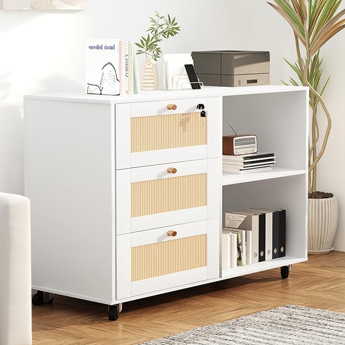 AWQM 2pcs Wood File Cabinet with Lock,3 Drawer Mobile Office Storage Cabinet with 2 Open Shelves,Printer Stand with Storage Lateral Filing Cabinet Printer Cabinet for Home Office,White