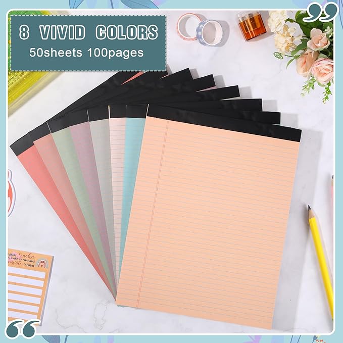 Fuutreo 8 Pcs 8.5'' x 11'' Colored Legal Pad 50 Sheets Per Writing Pads Narrow Ruled Notepad Perforated Writing Notepad Office Supplies for College Office Business (Vintage Color)