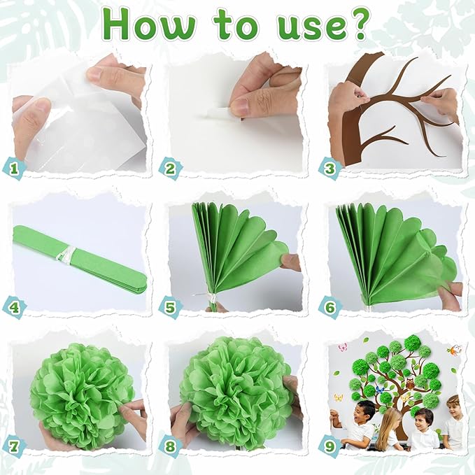 Spring Tree Bulletin Board Set Decorations for Classroom Spring 3D Green Tree Cutouts with Paper Pom Poms Paper-Cuts for Woodland Whimsy Party School Nursery Classroom Birthday Party Decor