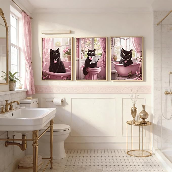 3Pcs Funny Black Cat Bathroom Wall Art Cute Pets Cat Reading Newspaper On The Toilet Painting Pictures Wall Decor Pink Animal Posters Prints for Bathroom Toilet Decorations 12x16 Inch Unframed