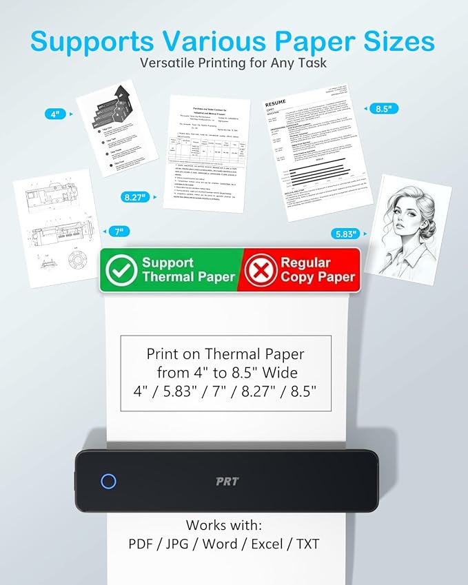 PRT Inkless Portable Printer for Travel, Wireless Thermal Printer Support 8.5 x 11 Inch US Letter A4 B5, Bluetooth Mobile Printers with iOS, Android, Laptop for Home Use, Car, Office, School, Black