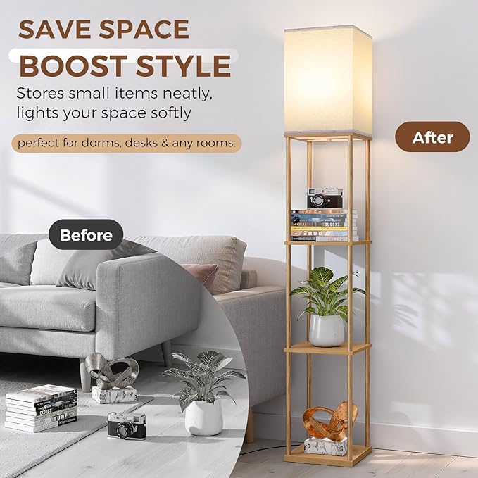 FOLKSMATE Floor Lamp with Shelves, 3-Tier Modern Square Bookshelf Floor Lamp, 3 Color Temperature Bulb Included, Floor Lamps for Living Room Bedroom Corner - Wood
