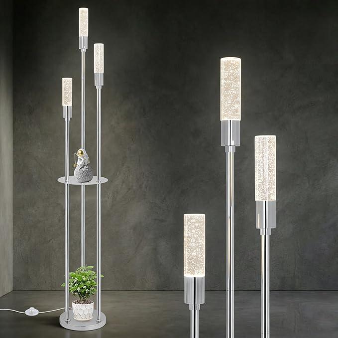 Bubble Crystal Floor Lamp with Shelves, 3 Lights Modern Standing Lamps for Living Room, Built-in LED Lights, Foot Switch, Industrial Tall Corner Floor Lamp for Bedroom Home Office, Silver