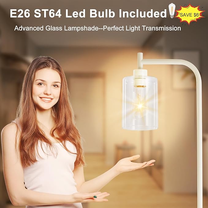 DLLT Floor Lamp Tall for Room: Light Gold Standing Lamp with Clear Glass Lampshade for Living Room - Modern Bright Lamp for Bedroom - Industrial Corner Floor Lamps for Office 8W Led Bulb Included