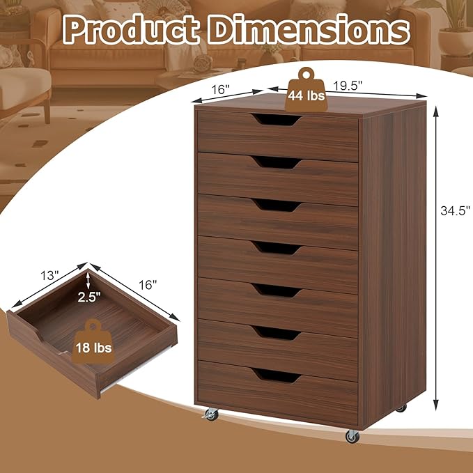 7 Drawer File Cabinet, 34.5" Vertical Storage Drawer Cart, Under Desk Office Organizer, Wooden Printer Stand, Rolling Filing Cabinet for Home Office (Walnut)