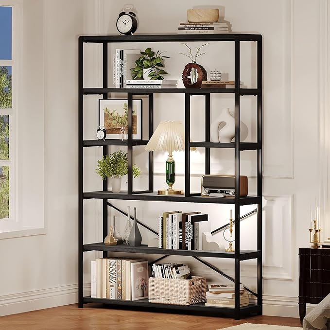LVB Industrial Tall Bookshelf, Modern Wood Metal 6 Tier Book Shelf, Farmhouse Large 6 Shelf Etagere Bookcase, Open Wide Storage Bookshelves and Bookcases for Bedroom Living Room Office, Dark Gray Oak