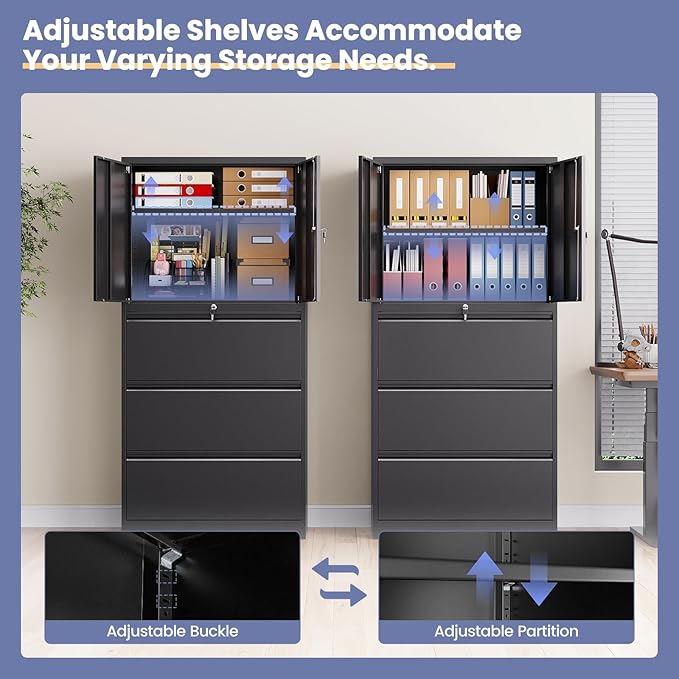 3 Drawer Lateral File Cabinet, Office Storage Cabinet with 3 Wide&Deep Drawers and Locking Doors, Black Metal Cabinet with Adjustable Shelves for Home Office, Fits A4/Letter/Legal Size Folders