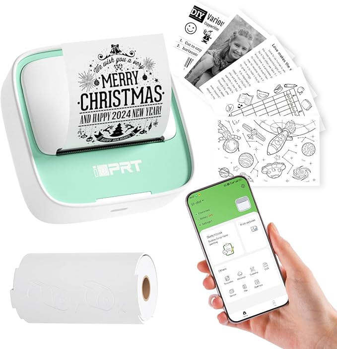 iDPRT Sticker Printer Portable Mini Printer, Bluetooth Thermal Inkless Sticker Maker Machine with 1 Roll Sticker Paper, Compatible with Smartphone, for Study Notes, Pictures, DIY, Label, Gift