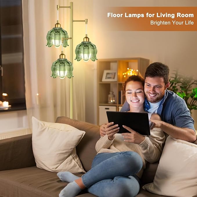 Vintage Floor Lamps for Living Room Bedroom-3 Light Glass Floor Lamp with Three Led Bulb, Modern Mid Century Standing Lamp Brass Tall Lamp Gold Tree Floor Lamp for Bedroom Corner