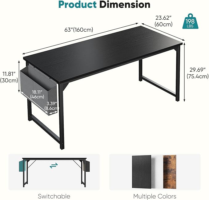 OLIXIS Computer Desk 63 Inch Home Office Desks for Small Spaces, Gaming Writing Study Work Table with Storage Bag for Bedroom, Black