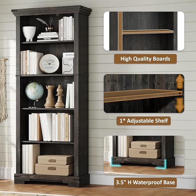 5-Tier Farmhouse Bookshelf, 61.1 inch Tall Bookcase with Storage & Unique Design & One Adjustable Shelf, Wooden Bookshelf for Study Room, Living Room, Home Office, Bedroom (Black)