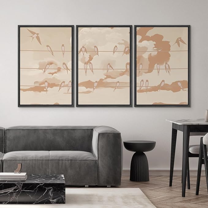 SIGNWIN Framed Canvas Print Wall Art Set Minimal Birds on Wires Neutral Sky Illustrations Modern Art Decorative Nordic Abstract for Living Room, Bedroom, Office - 16"x24"x3 Black