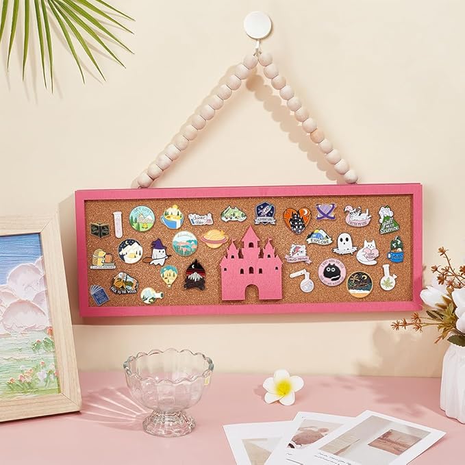 BENECREAT Rectangle Castle Pin Board Cork Board, 15x5 Inch Bulletin Display Board, Wall Mounted Cork Board for Brooch Pin Collection Display Office Home Bedrooms (Deep Pink)