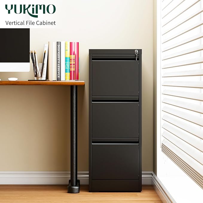 3 Drawer File Cabinet with Lock, Vertical Filing Cabinets for Home Office, Locking File Cabinet Hanging Files for A4/ Legal/Letter, Require Assembly, Black