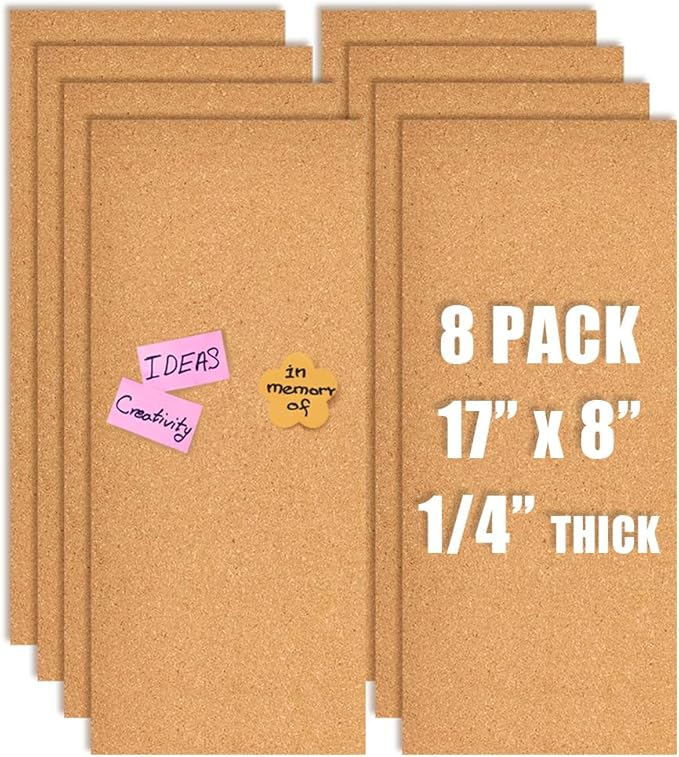 17x8 Cork Board Tiles Bulletin Board, 1/4" Thick Self-Adhesive Cork Boards for Walls, Cork Tiles Vision Board for Home, Office, School, Bulletin Board Decorations(6mm,8pc)