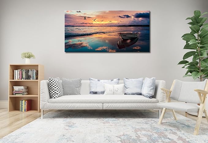 OKEXCKK Beach Large Canvas Wall Art Picture for Living Room - Sunset Ocean Landscape Painting Print Decor Coastal Wall Decor Seascape Artwork Poster for Bedroom Kitchen Decoration - 24"x48"
