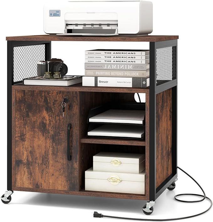 Giantex File Cabinet, Lateral Filing Cabinet with Lock, Wheels, Charging Station, Cable Hole, Lockable Side Cabinet, Adjustable Shelves, Metal Frame, Printer Stand for Home Office Small Space (Brown)