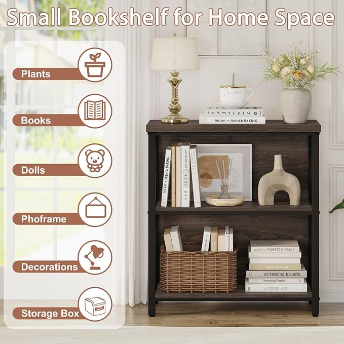 FATORRI Small Bookshelf, 3 Shelf Bookcase for Living Room, Low Short Bookshelf, Industrial Wood Book Shelf and Rustic Book Case for Small Space, Home Office (Dark Walnut)