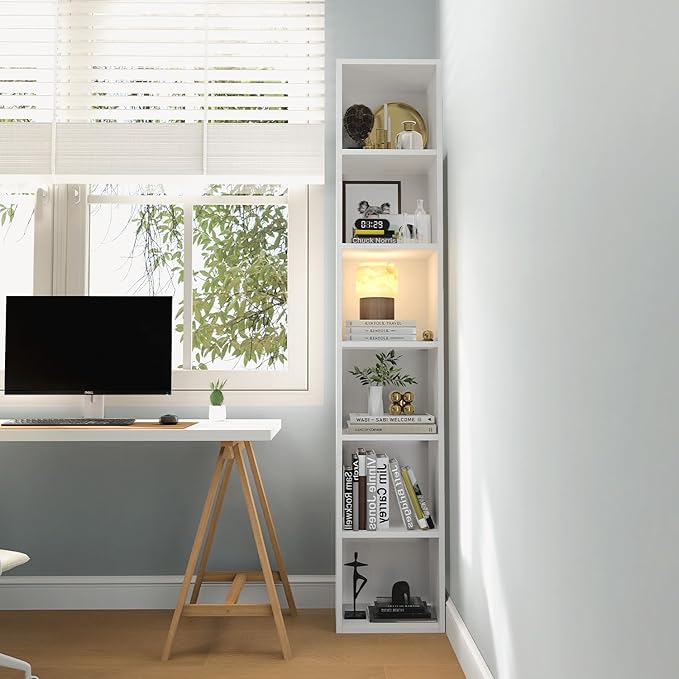 MXV Narrow Bookshelf, 6-Tier Open Bookcase, Coner Shelf, Storage Shelves, Display Storage Shelves, Floor Standing Unit, Home Decor, Furniture for Home Office, Living Room, Bedroom, White